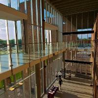 Modern university building atrium with glass walls