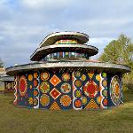 Round pagoda building painted with colorful medallion designs