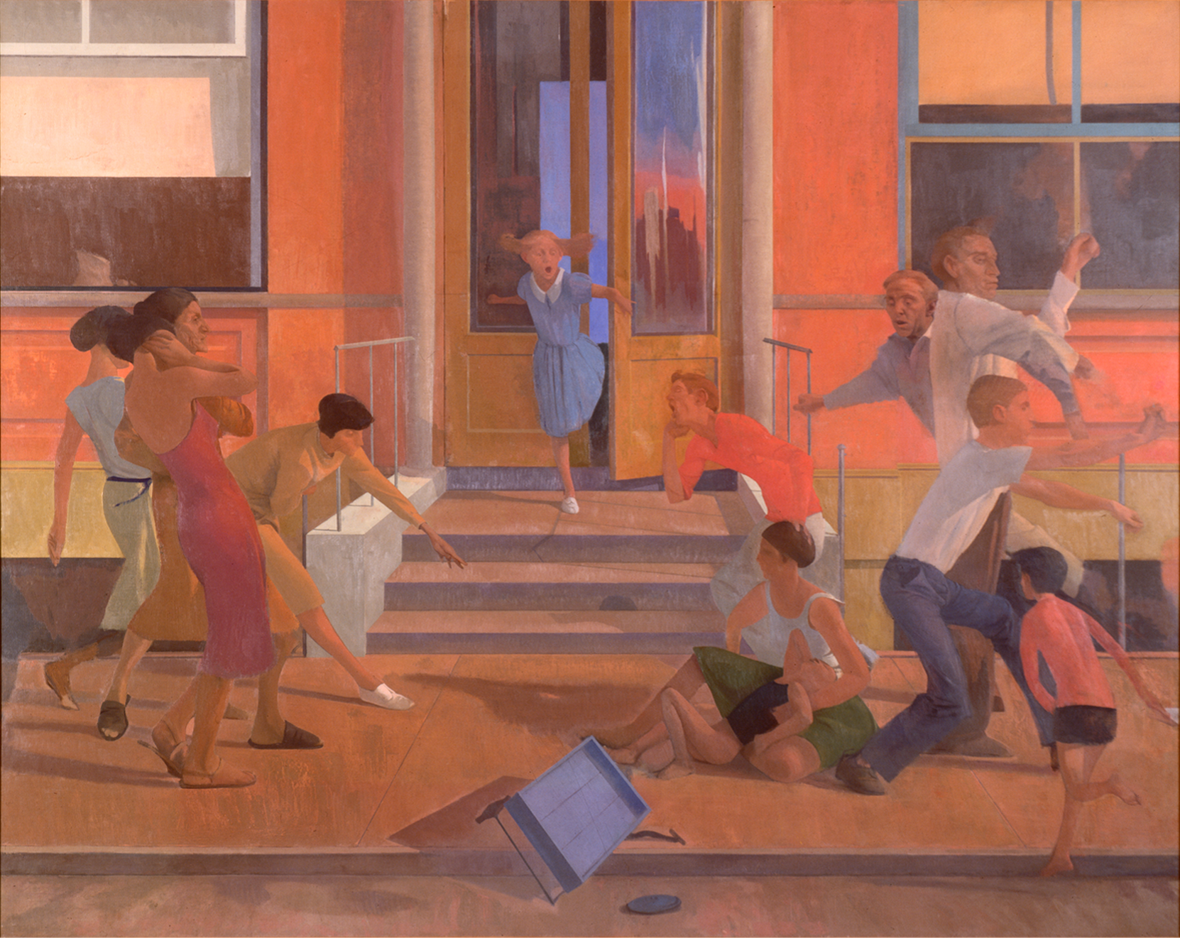 Painting of people on a sidewalk in chaos