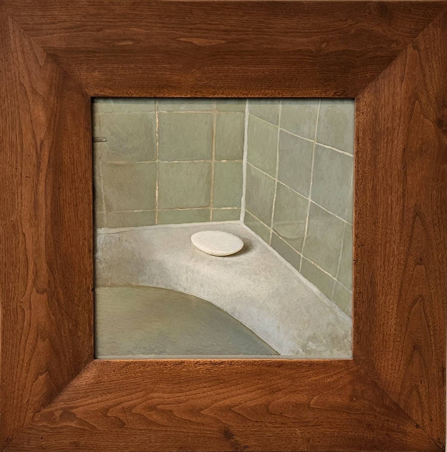 Oil on canvas bar of soap sitting on corner of tub