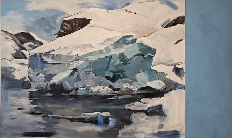 Oil on canvas large rocks in a body of water