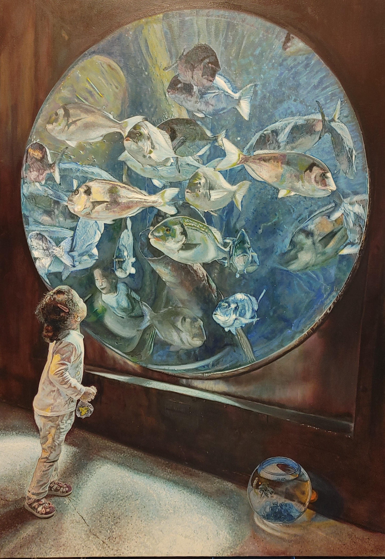Oil on canvas, small child looking into an aquarium