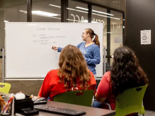 a young woman at a white board teaching