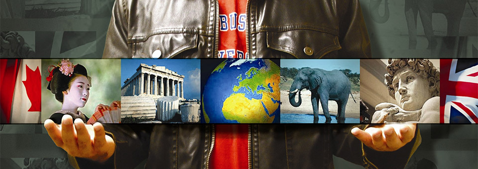 CSU student holding pictures of global locations