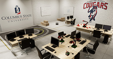 a room with several tables and computers