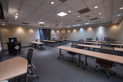 classroom, long desks, chairs